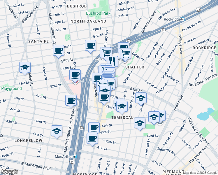 map of restaurants, bars, coffee shops, grocery stores, and more near in Oakland