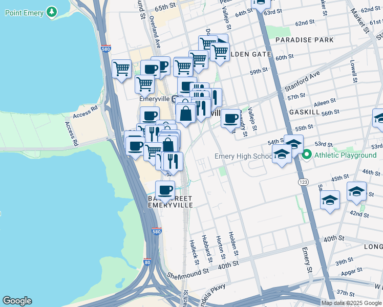 map of restaurants, bars, coffee shops, grocery stores, and more near 5353 Horton Street in Emeryville