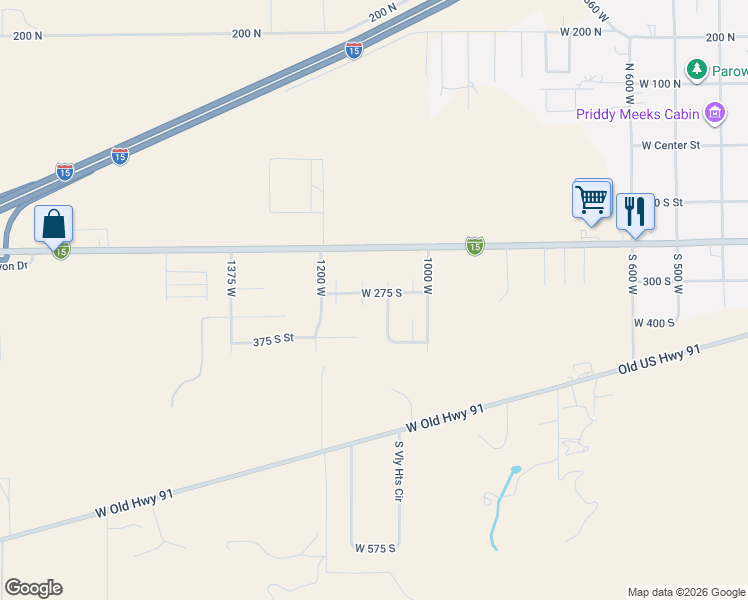 map of restaurants, bars, coffee shops, grocery stores, and more near 267 South 1125 West in Parowan