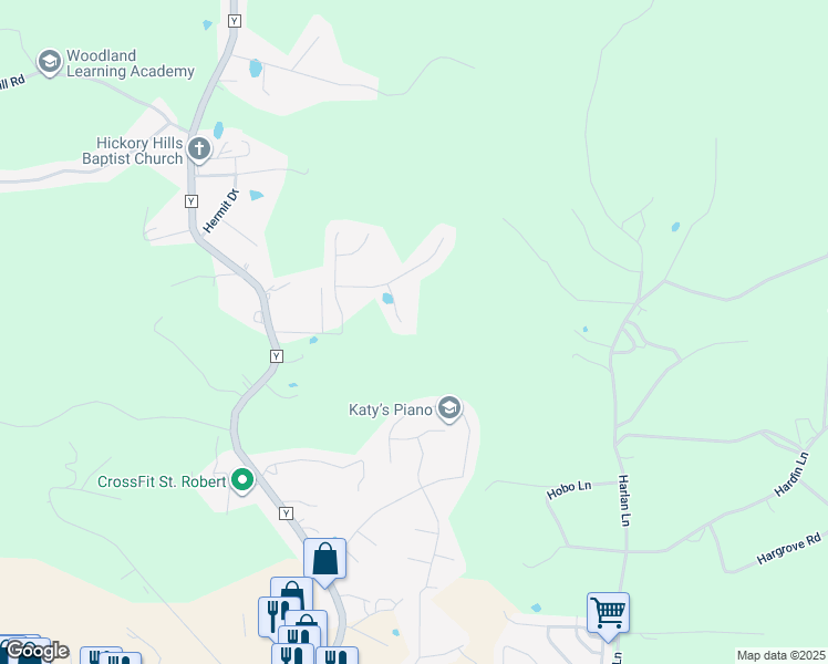 map of restaurants, bars, coffee shops, grocery stores, and more near 22700 Hanley Lane in Waynesville