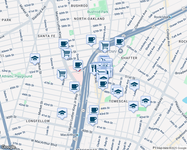 map of restaurants, bars, coffee shops, grocery stores, and more near 5131 Shattuck Avenue in Oakland