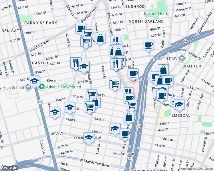 map of restaurants, bars, coffee shops, grocery stores, and more near in Oakland