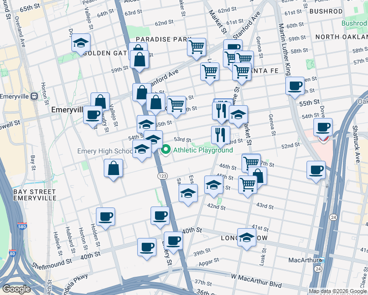 map of restaurants, bars, coffee shops, grocery stores, and more near 1026 53rd Street in Oakland