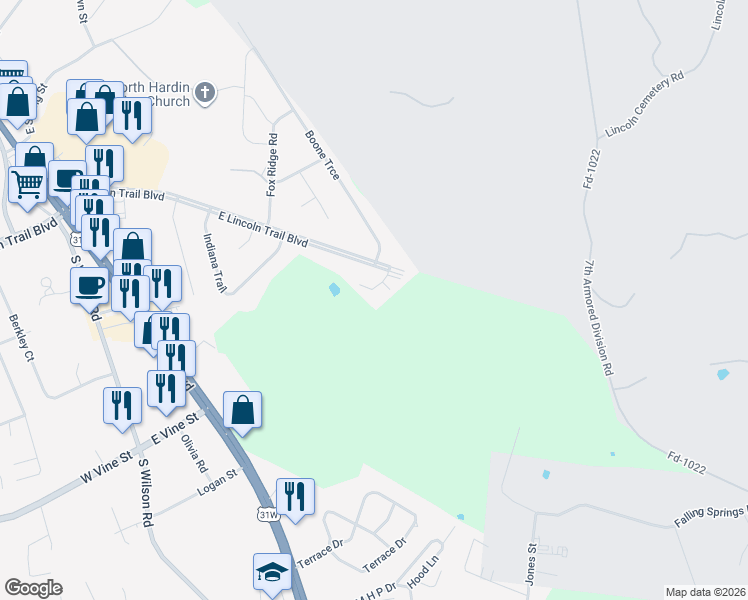 map of restaurants, bars, coffee shops, grocery stores, and more near 5 Kenton Court in Radcliff