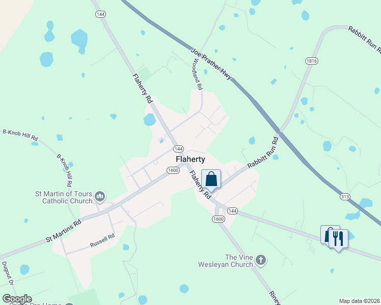 map of restaurants, bars, coffee shops, grocery stores, and more near 3580 Flaherty Road in Ekron