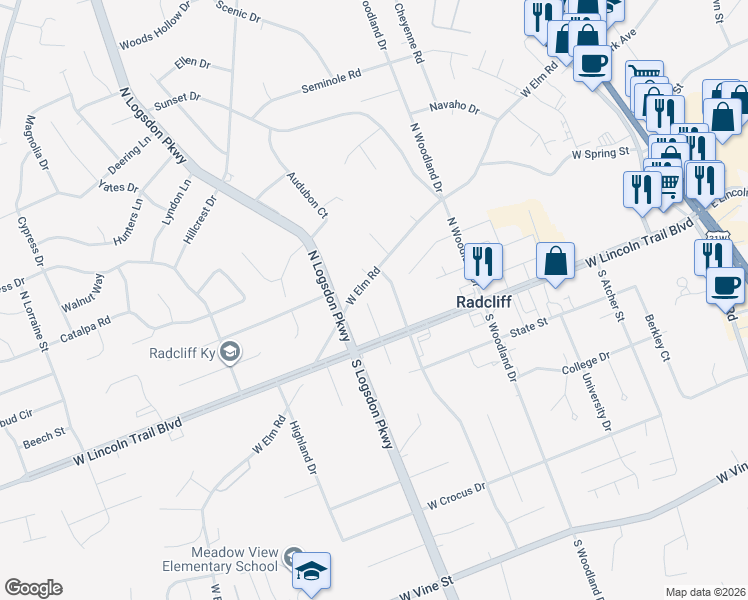 map of restaurants, bars, coffee shops, grocery stores, and more near 909 Elm Road in Radcliff