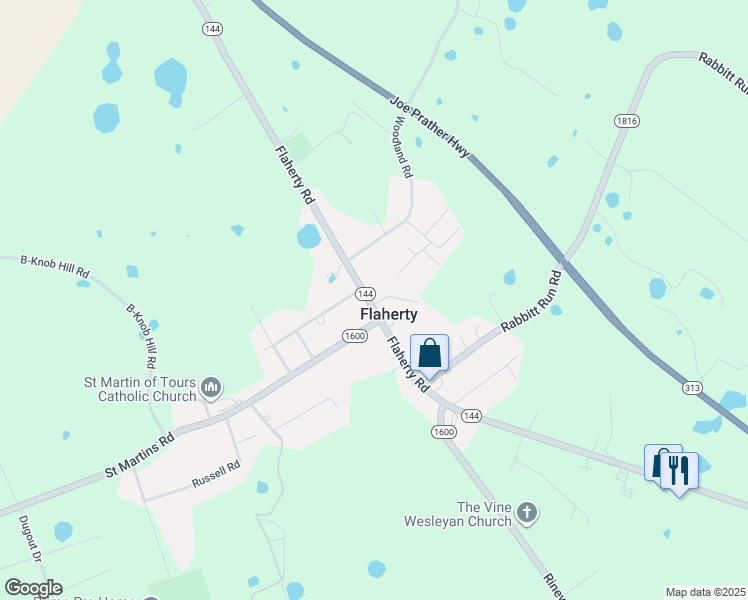 map of restaurants, bars, coffee shops, grocery stores, and more near 3580 Flaherty Road in Ekron