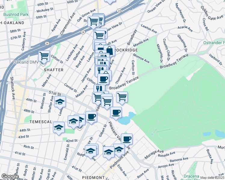 map of restaurants, bars, coffee shops, grocery stores, and more near 5233 Broadway Terrace in Oakland
