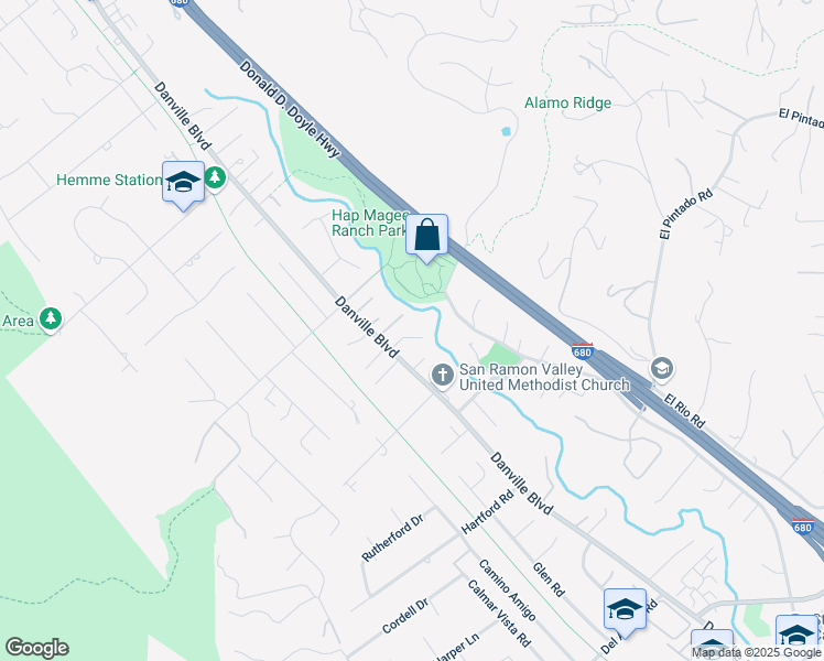 map of restaurants, bars, coffee shops, grocery stores, and more near 7 Deodar Lane in Alamo