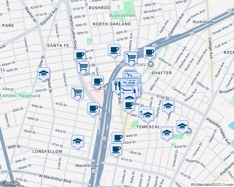 map of restaurants, bars, coffee shops, grocery stores, and more near 5131 Shattuck Avenue in Oakland