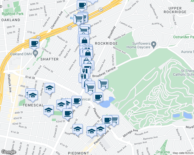 map of restaurants, bars, coffee shops, grocery stores, and more near 5241 Broadway Terrace in Oakland
