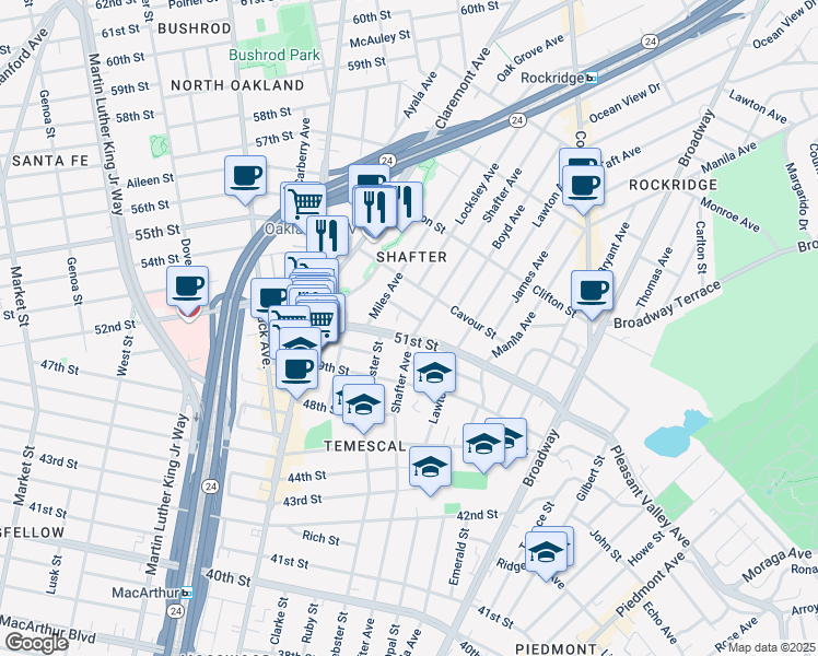 map of restaurants, bars, coffee shops, grocery stores, and more near 431 Avon Street in Oakland