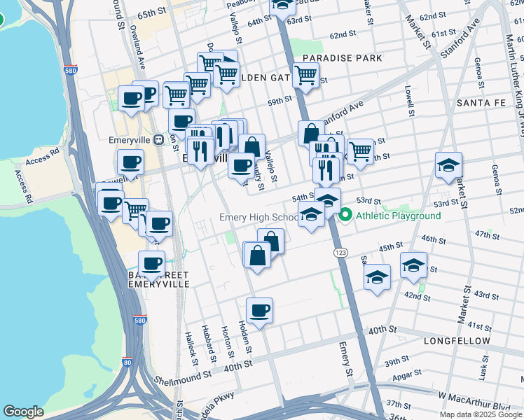 map of restaurants, bars, coffee shops, grocery stores, and more near 1375 55th Street in Emeryville