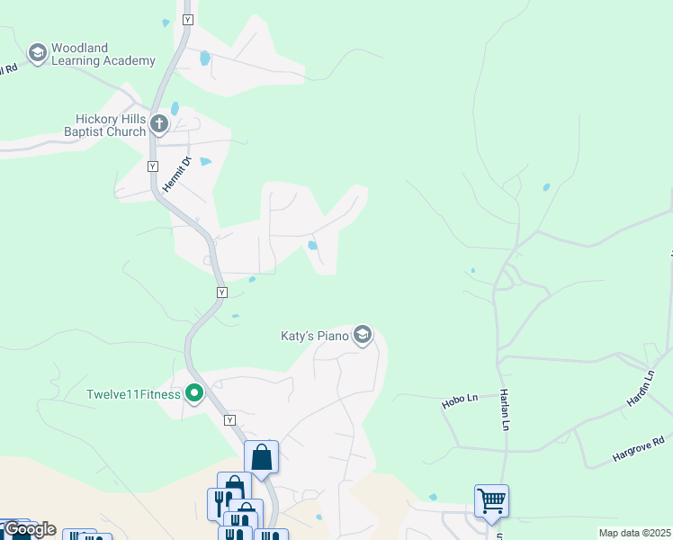 map of restaurants, bars, coffee shops, grocery stores, and more near 22700 Hanley Lane in Waynesville