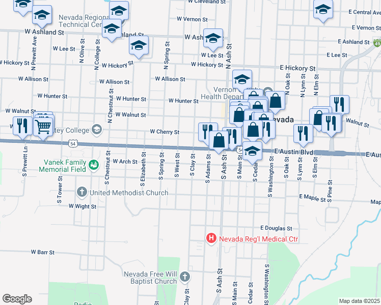 map of restaurants, bars, coffee shops, grocery stores, and more near 128 South Clay Street in Nevada