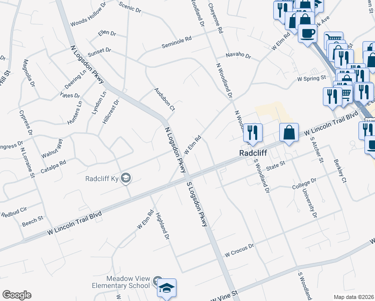 map of restaurants, bars, coffee shops, grocery stores, and more near 909 Elm Road in Radcliff