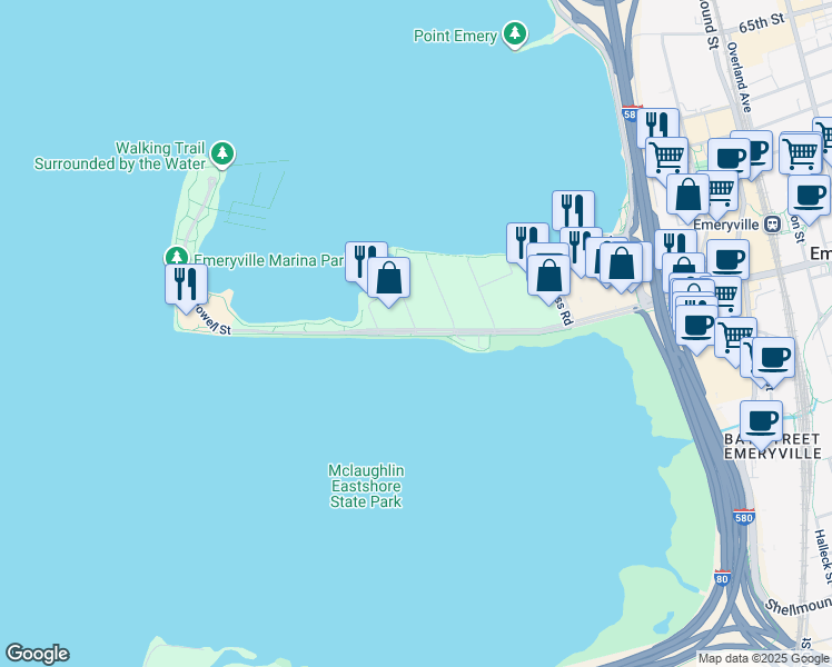 map of restaurants, bars, coffee shops, grocery stores, and more near Powell St & Anchor Dr in Emeryville