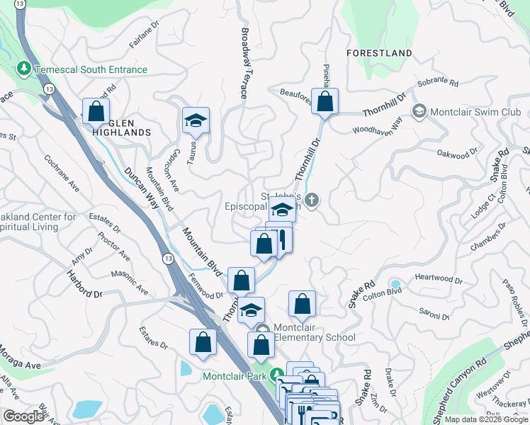 map of restaurants, bars, coffee shops, grocery stores, and more near 5600 Merriewood Drive in Oakland