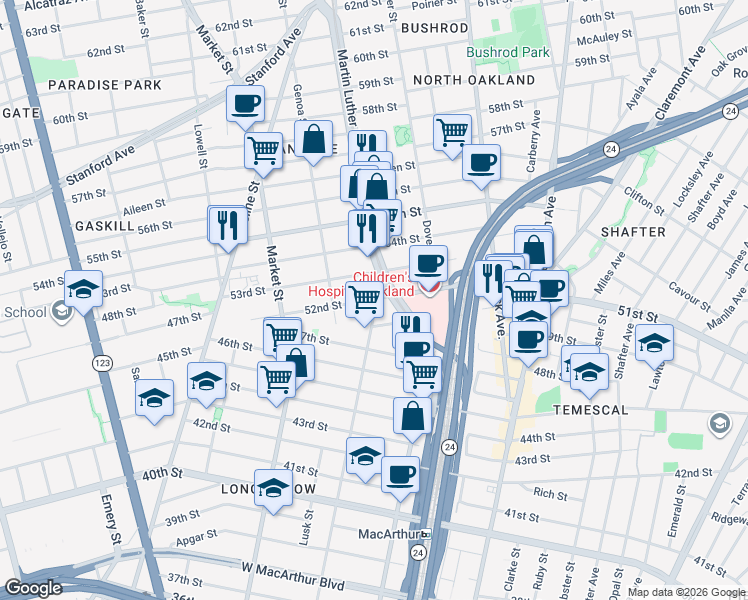 map of restaurants, bars, coffee shops, grocery stores, and more near 5217 West Street in Oakland