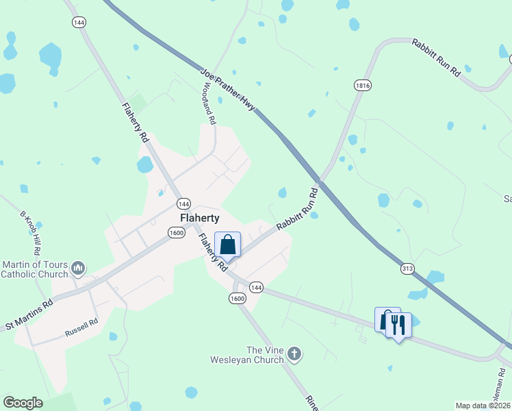 map of restaurants, bars, coffee shops, grocery stores, and more near Rabbit Run Road in Vine Grove