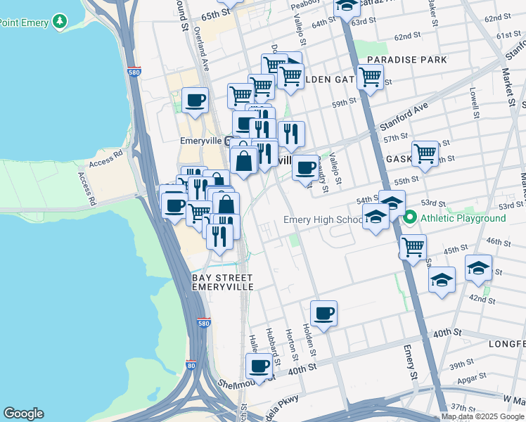 map of restaurants, bars, coffee shops, grocery stores, and more near 1403 Stanford Avenue in Emeryville