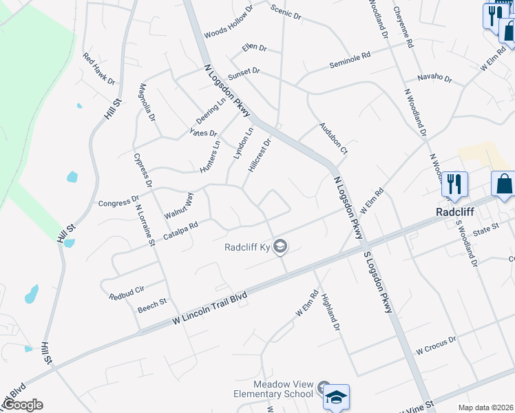 map of restaurants, bars, coffee shops, grocery stores, and more near 100 Johns Road East in Radcliff