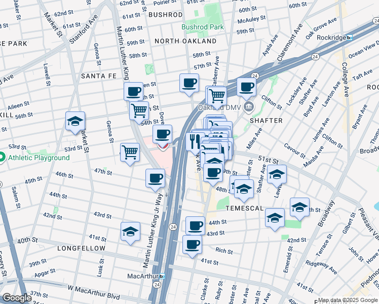 map of restaurants, bars, coffee shops, grocery stores, and more near 5131 Shattuck Avenue in Oakland