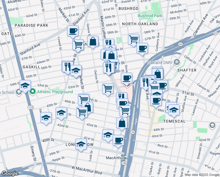map of restaurants, bars, coffee shops, grocery stores, and more near 5217 West Street in Oakland
