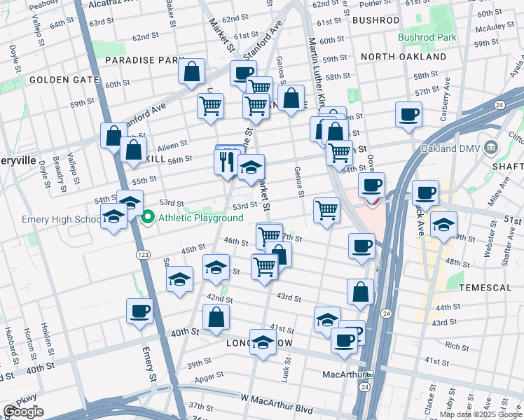 map of restaurants, bars, coffee shops, grocery stores, and more near 920 53rd Street in Oakland