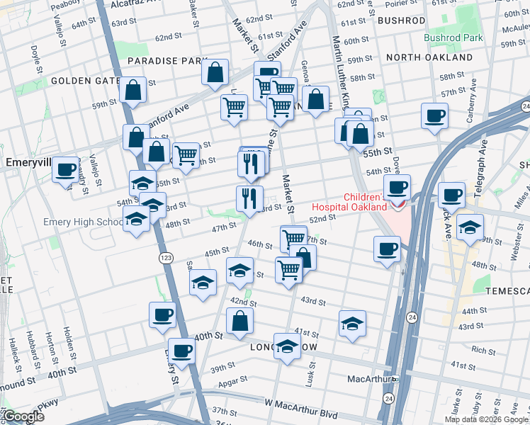 map of restaurants, bars, coffee shops, grocery stores, and more near 945 53rd Street in Oakland
