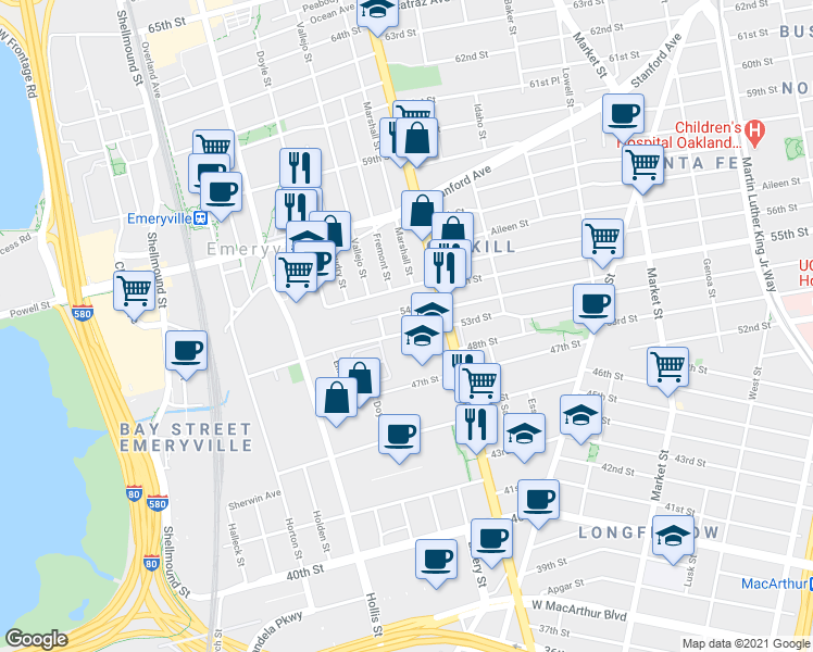 map of restaurants, bars, coffee shops, grocery stores, and more near in Emeryville