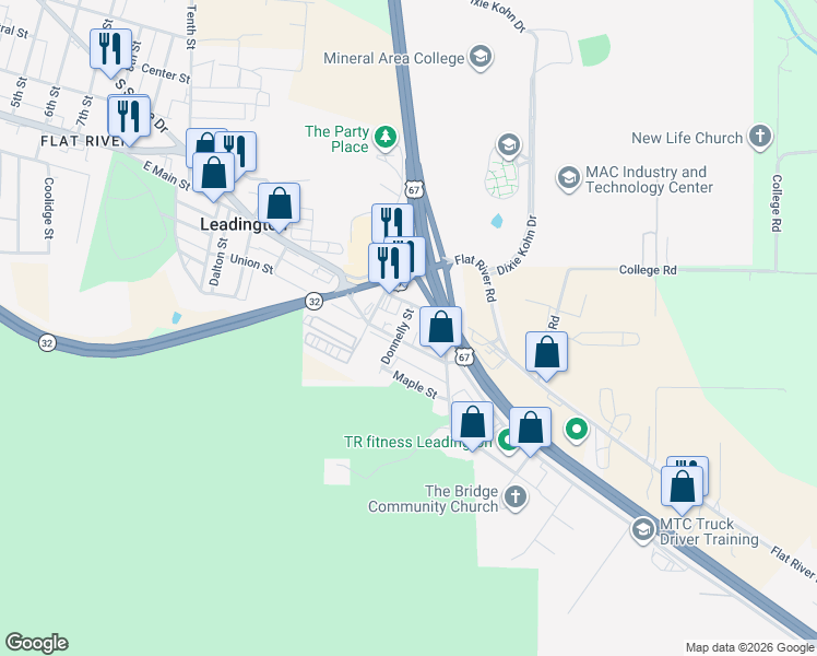 map of restaurants, bars, coffee shops, grocery stores, and more near 14 Donnelly Street in Leadington