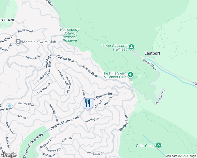 map of restaurants, bars, coffee shops, grocery stores, and more near 7875 Skyline Boulevard in Oakland