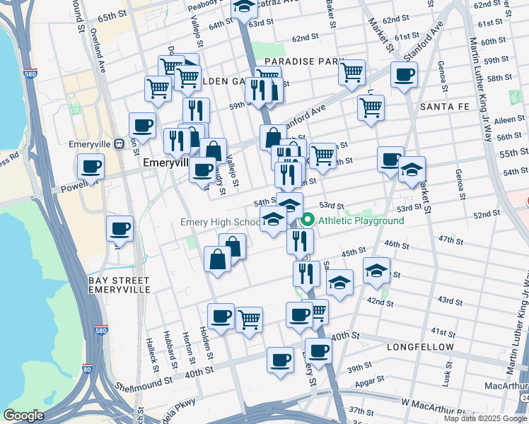 map of restaurants, bars, coffee shops, grocery stores, and more near in Emeryville