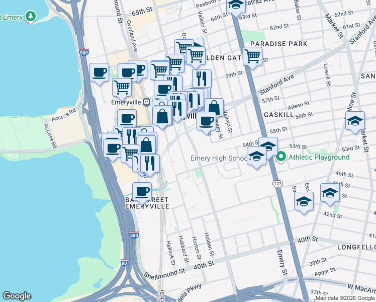 map of restaurants, bars, coffee shops, grocery stores, and more near 5555 Hollis Street in Emeryville