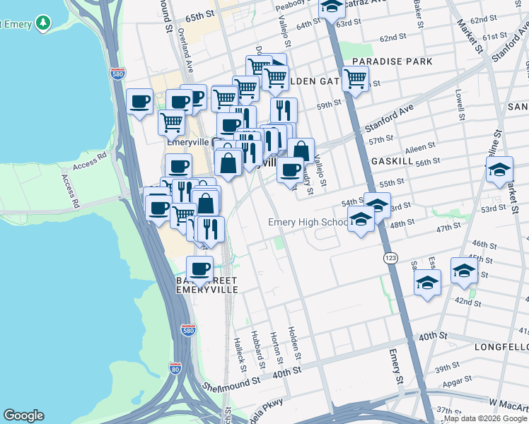 map of restaurants, bars, coffee shops, grocery stores, and more near 5555 Hollis Street in Emeryville