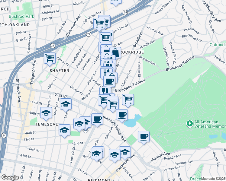 map of restaurants, bars, coffee shops, grocery stores, and more near in Oakland