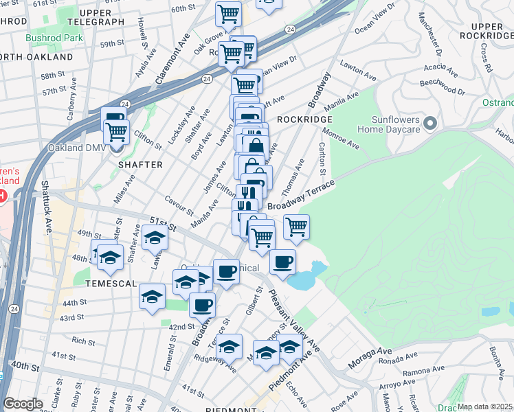 map of restaurants, bars, coffee shops, grocery stores, and more near in Oakland