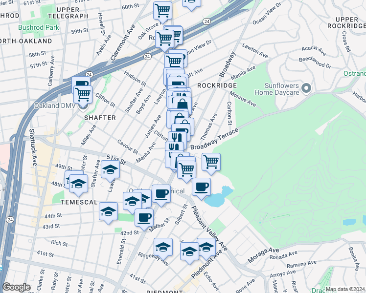 map of restaurants, bars, coffee shops, grocery stores, and more near in Oakland