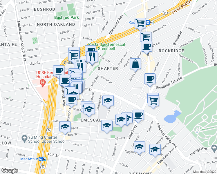 map of restaurants, bars, coffee shops, grocery stores, and more near 5160 Shafter Avenue in Oakland