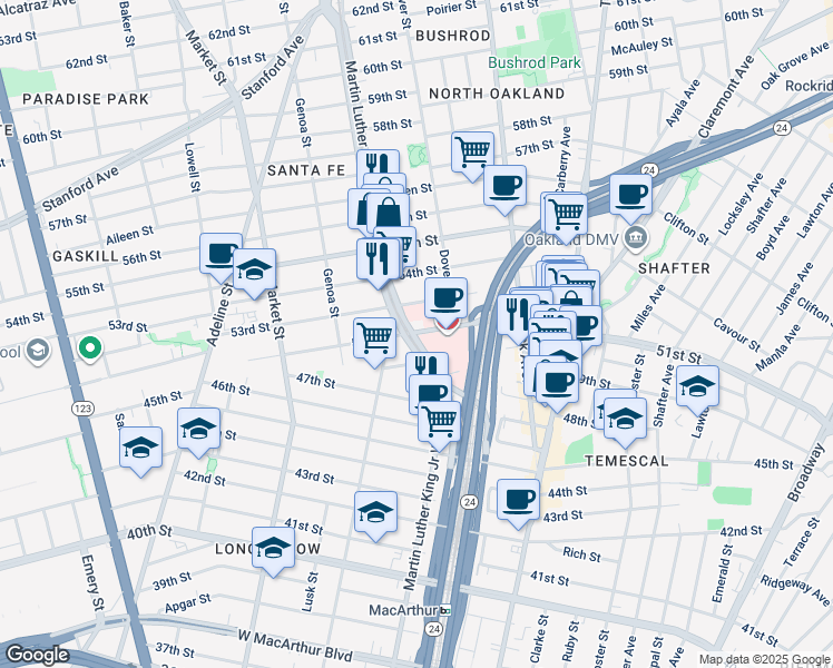 map of restaurants, bars, coffee shops, grocery stores, and more near 5204 Martin Luther King Junior Way in Oakland