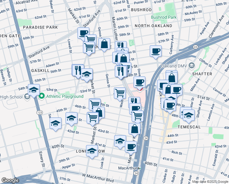 map of restaurants, bars, coffee shops, grocery stores, and more near in Oakland