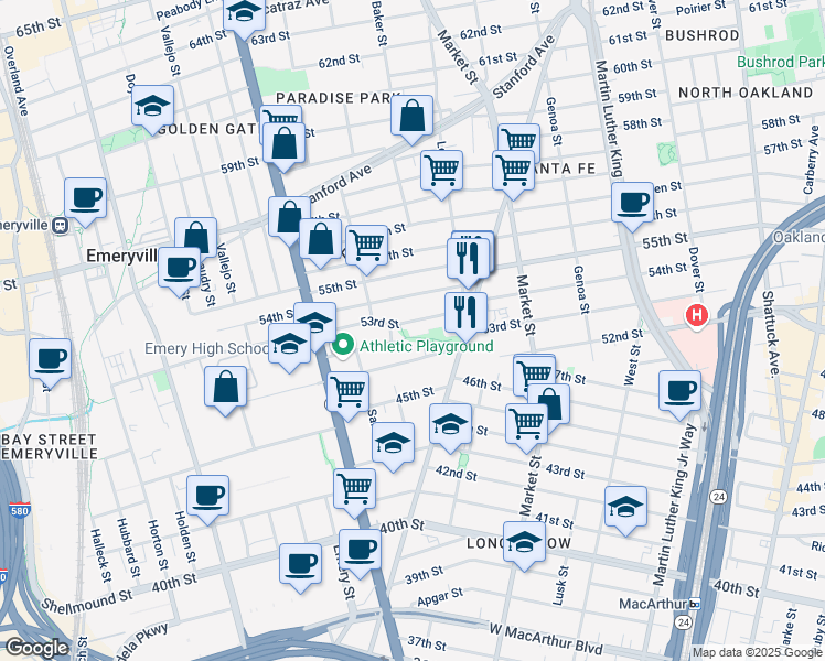 map of restaurants, bars, coffee shops, grocery stores, and more near 1026 53rd Street in Oakland