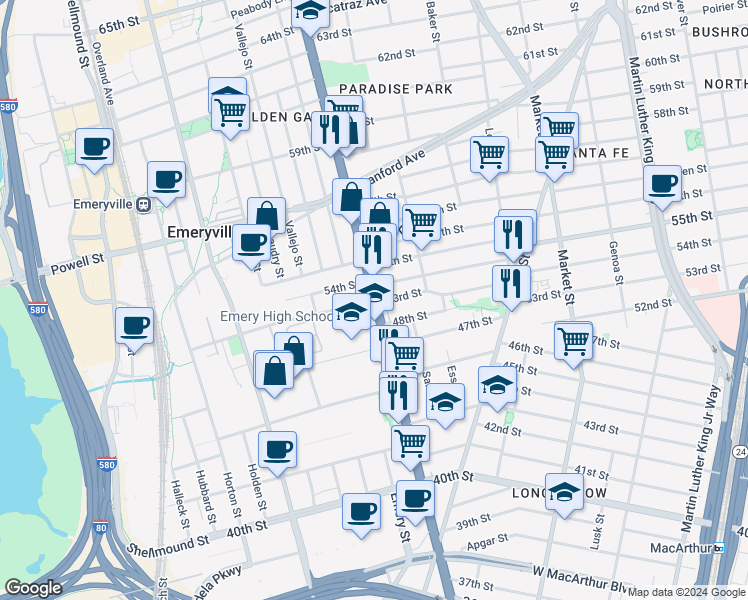 map of restaurants, bars, coffee shops, grocery stores, and more near in Emeryville