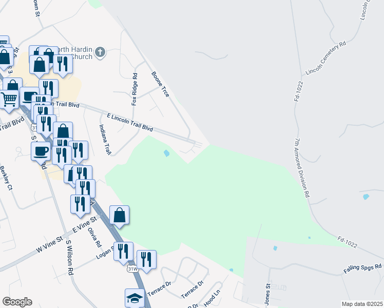 map of restaurants, bars, coffee shops, grocery stores, and more near 5 Kenton Court in Radcliff