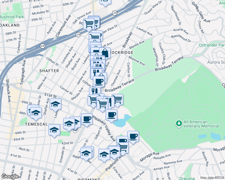 map of restaurants, bars, coffee shops, grocery stores, and more near 5279 Broadway Terrace in Oakland