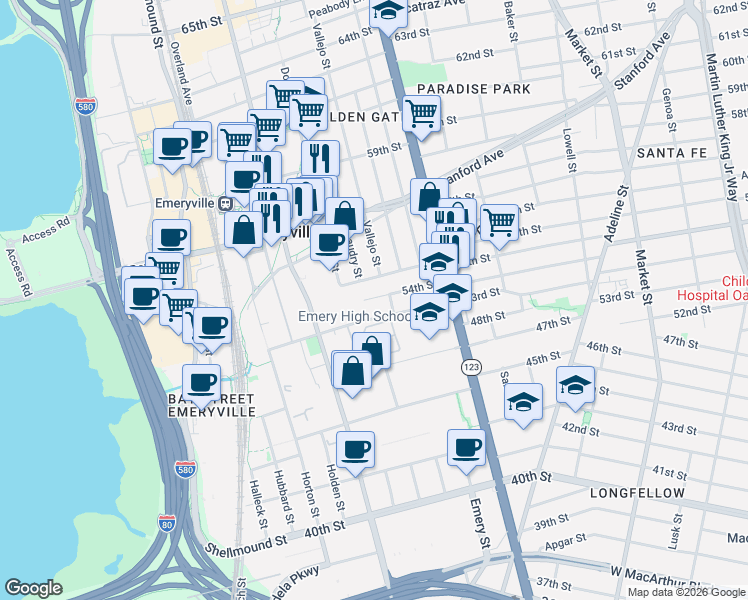 map of restaurants, bars, coffee shops, grocery stores, and more near 1375 55th Street in Emeryville