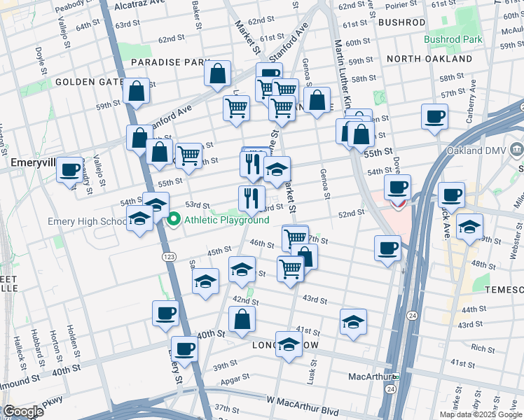 map of restaurants, bars, coffee shops, grocery stores, and more near 945 53rd Street in Oakland