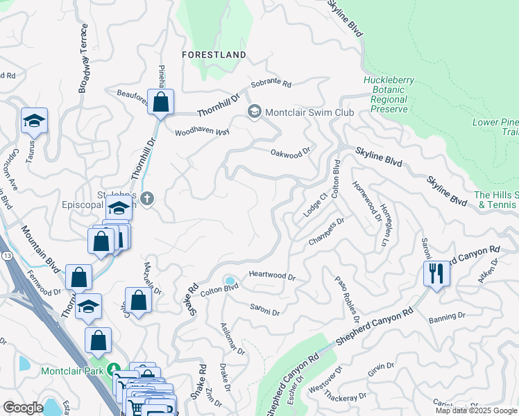 map of restaurants, bars, coffee shops, grocery stores, and more near 6842 Armour Drive in Oakland