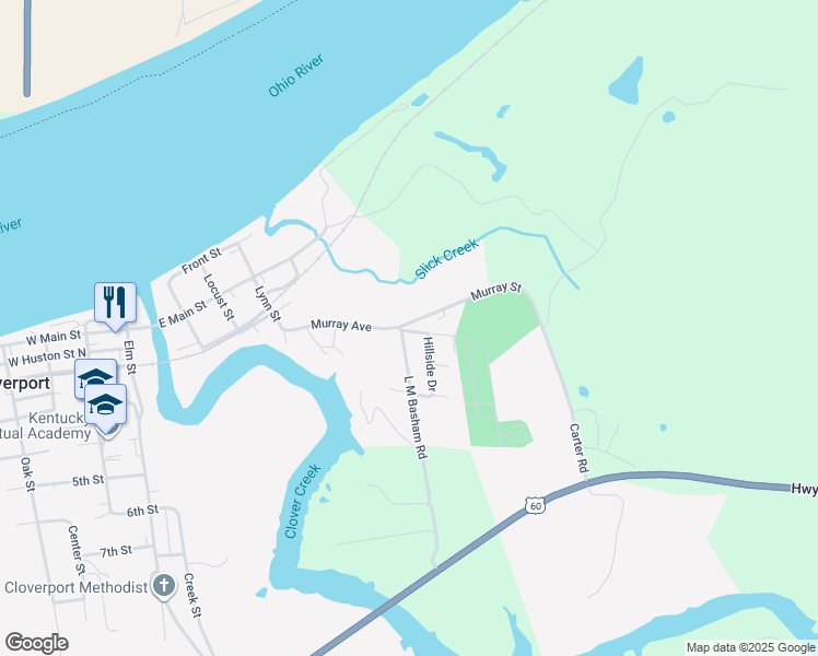map of restaurants, bars, coffee shops, grocery stores, and more near 602 Murray Street in Cloverport